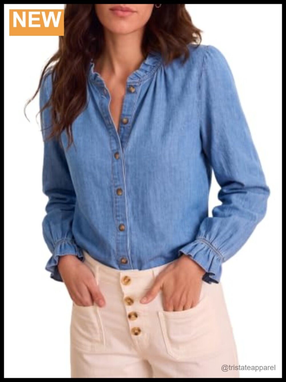 Women's Ruffle Button Down Denim Shirt Long Sleeve Cotton Blend